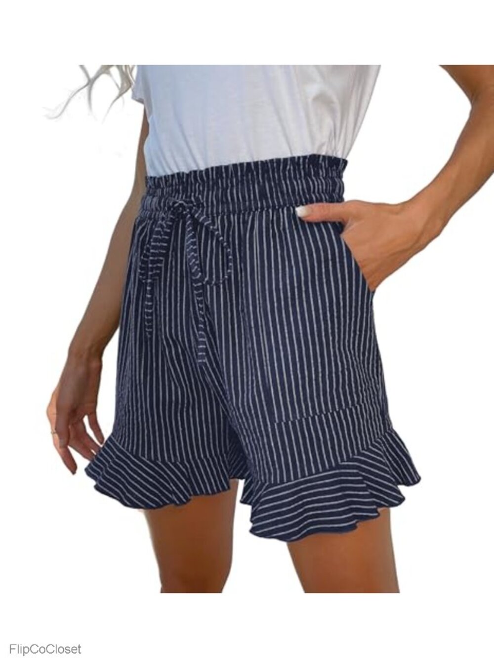 High Waisted Wide Leg Linen Blend Drawstring Ruffle Shorts with Pockets